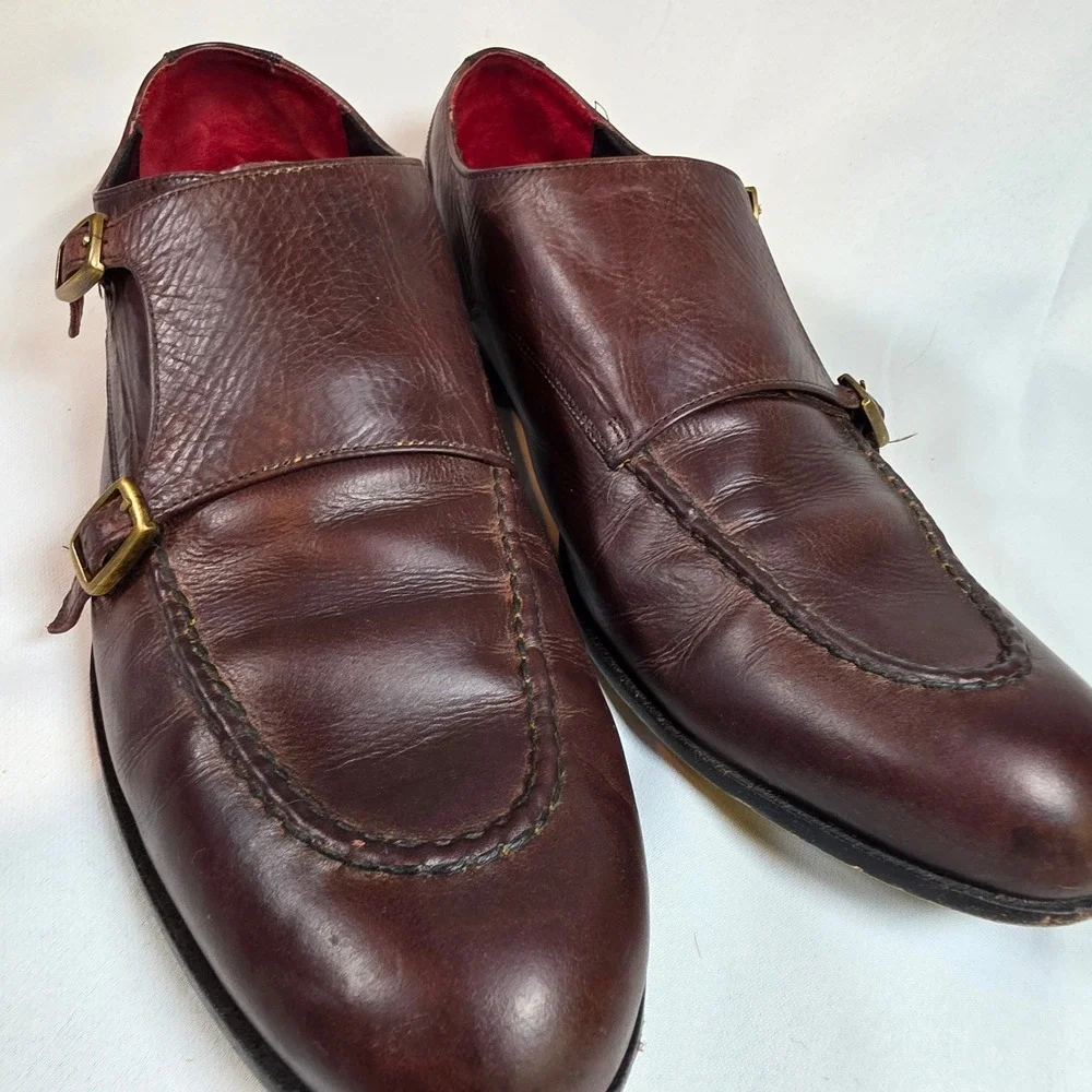 COLE HAAN Men's 11M Double Monk Strap Brown Leather‎ Apron Toe Dress Shoes